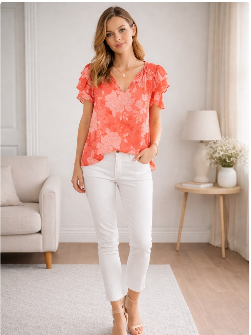 NWT 1. State Women’s Coral Floral V-Neck Ruffle Sleeve Chiffon Top Tank Feminine